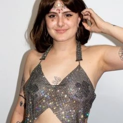 Moo Moo Black Rhinestone Metal Mesh Diamond Cut Top