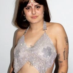 Moo Moo Silver Rhinestone Metal Mesh Diamond Cut Top Women's