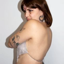 Moo Moo Silver Rhinestone Metal Mesh Diamond Cut Top Women's