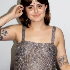 Moo Moo Festival Wear Black Rhinestone Metal Mesh Straight Cut Top