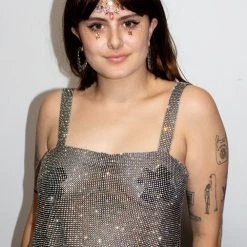 Moo Moo Festival Wear Black Rhinestone Metal Mesh Straight Cut Top