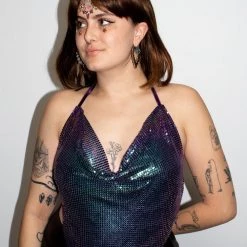 Moo Moo Women's Iridescent Dark Purple Metal Mesh Top