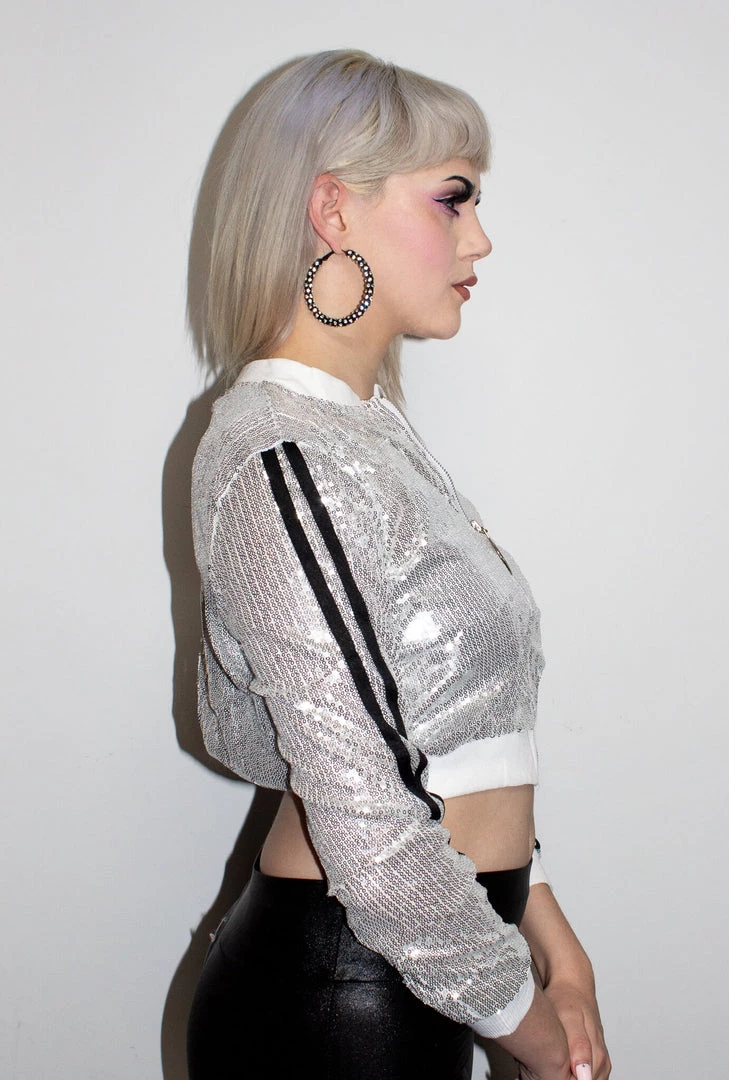 Moo Moo Silver Sequin Mini Bomber Jacket 4 Moo Moo Silver Sequin Mini Bomber Jacket
