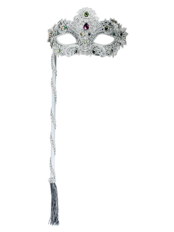 TomFoolery Silver Glitter And Lace Mask On Stick 3 TomFoolery Silver Glitter And Lace Mask On Stick