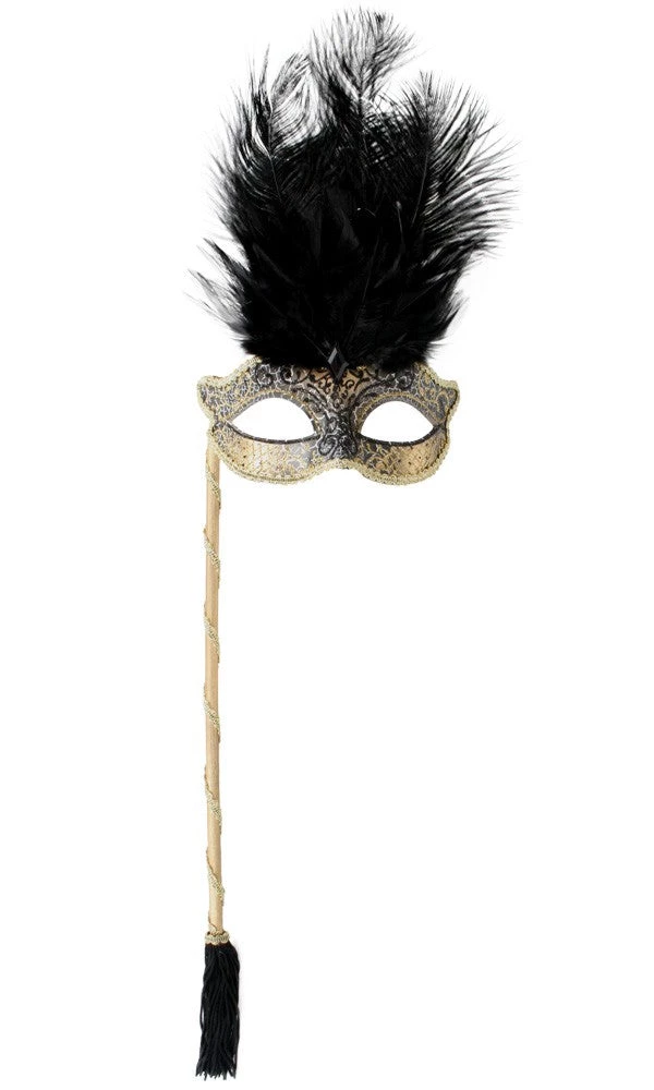 TomFoolery Black And Gold Feathered Mask On Stick 3 TomFoolery Black And Gold Feathered Mask On Stick