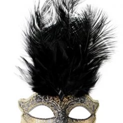 TomFoolery Black And Gold Feathered Mask On Stick