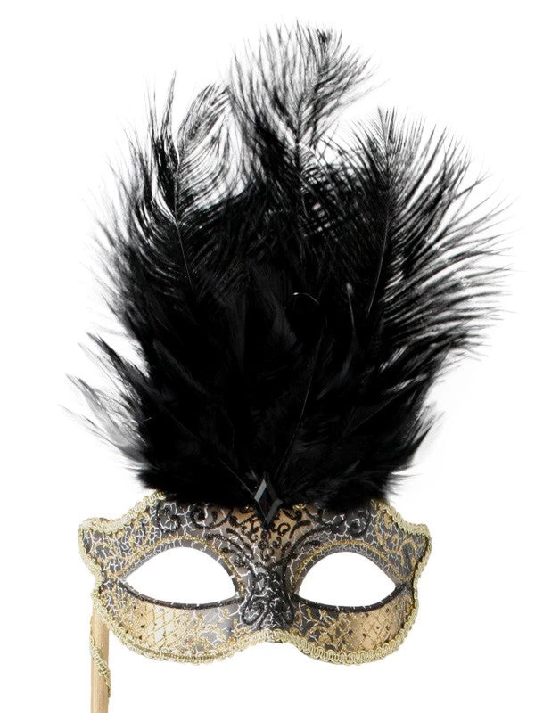TomFoolery Black And Gold Feathered Mask On Stick 4 TomFoolery Black And Gold Feathered Mask On Stick