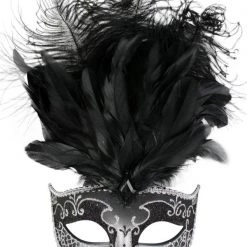 TomFoolery Masks & Eyemasks Black And Silver Deluxe Feathered Mask