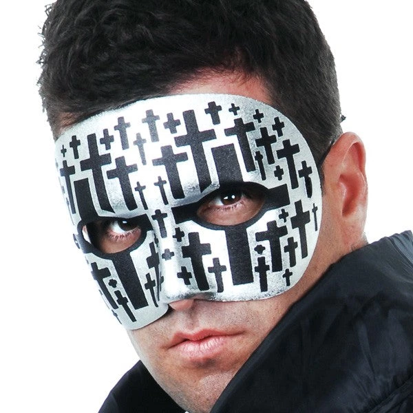 TomFoolery Men's Silver And Black Cross Masquerade Mask 3 TomFoolery Men's Silver And Black Cross Masquerade Mask