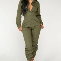 Global Lover Clothing Army Green Long Sleeve Button Up Jumpsuit