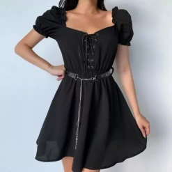 MallTop Women's Black Gothic Lace-up Skater Dress