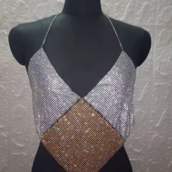 Global Lover Silver And Gold Metal Mesh Halter Top