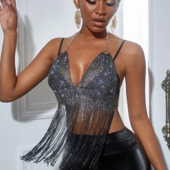 Global Lover Black Rhinestone Mesh Fringe Bra Top Women's
