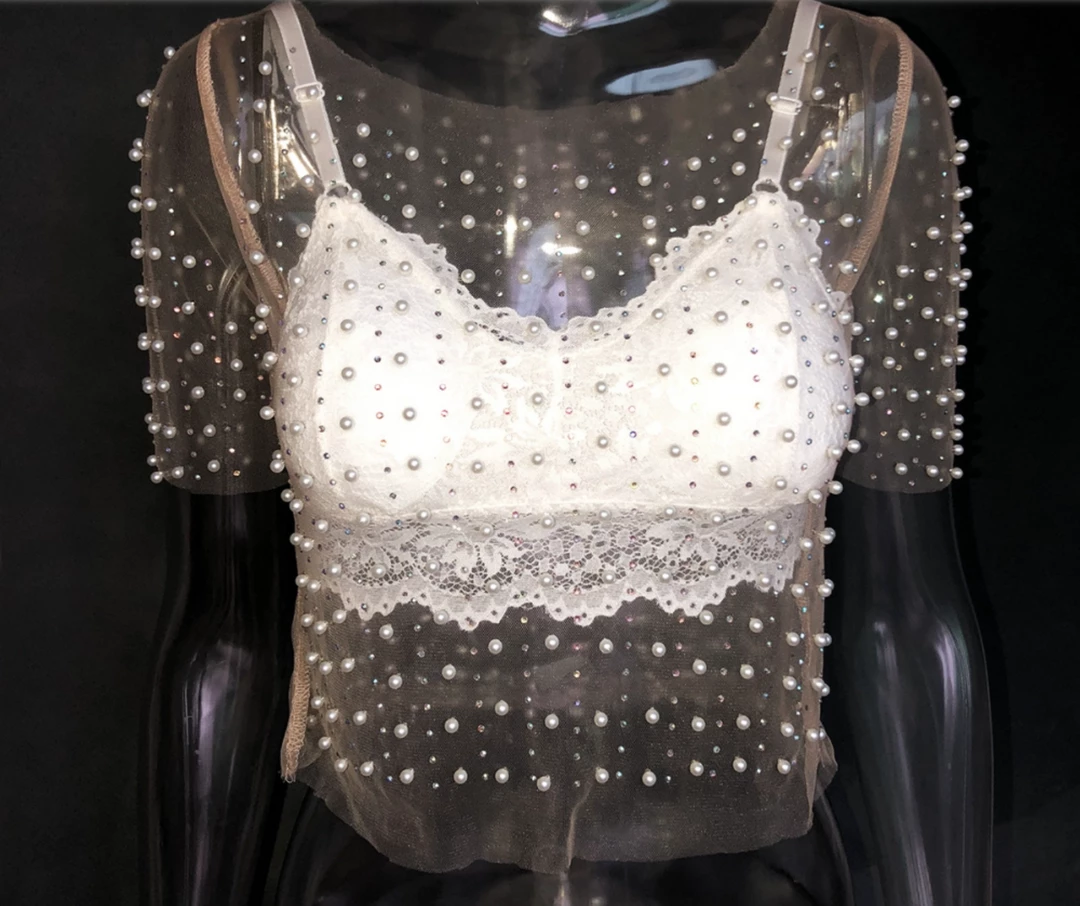 Global Lover Sheer Pearl Beaded Crop Top 5 Global Lover Sheer Pearl Beaded Crop Top