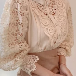 Global Lover (D) Clothing Beige Puff Sleeve Lace Blouse