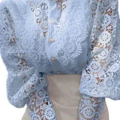 Global Lover (D) Clothing Blue Puff Sleeve Lace Blouse