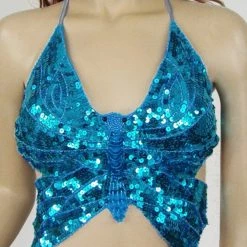 Best Dance Sky Blue Sequin Butterfly Halter Top Women's