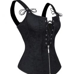 Malltop Women's Black Jacquard Strappy Corset With Zip