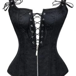 Malltop Women's Black Jacquard Strappy Corset With Zip