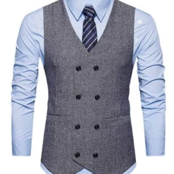 AnneCart Light Grey Tweed Double-Breasted Men's Vest Jackets & Vests