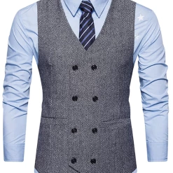 AnneCart Light Grey Tweed Double-Breasted Men's Vest Jackets & Vests