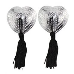 Annecart Nipple Pasties Heart Shaped Silver Sequined Nipple Tassels