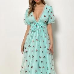 Global Lover Cherry Fields Long Aqua Blue Dress