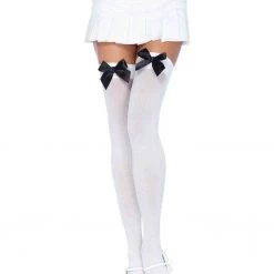 Leg Avenue White Thigh Highs With Black Bows Hosiery