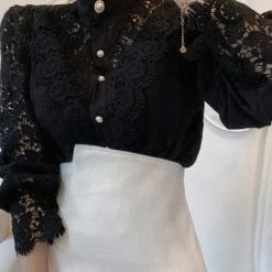 Global Lover Black Puff Sleeve Lace Blouse Clothing