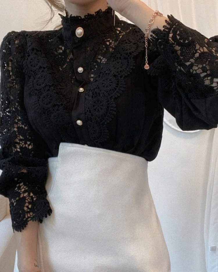 Global Lover Black Puff Sleeve Lace Blouse Clothing 4 Global Lover Black Puff Sleeve Lace Blouse Clothing
