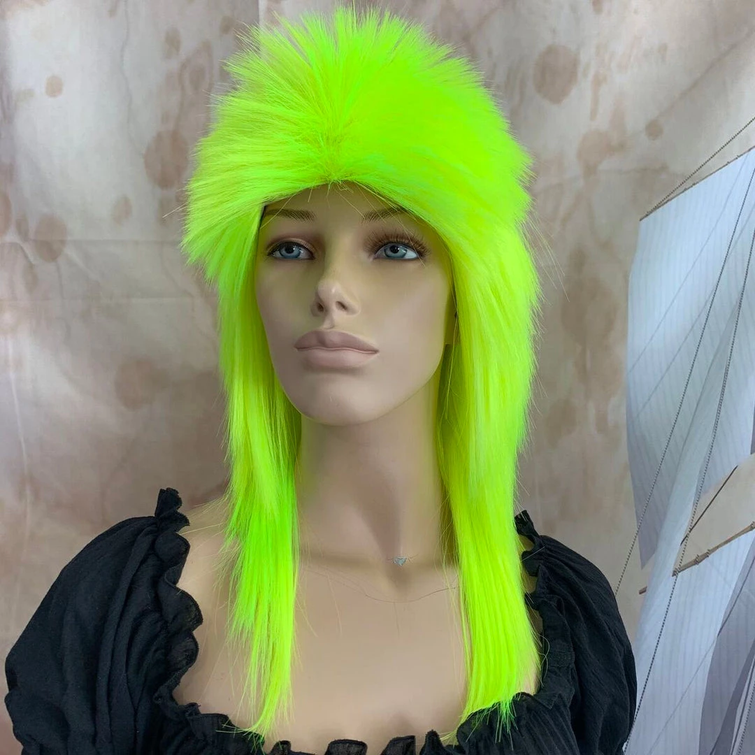 Bell's Wigs Fluro Yellow 80's Deluxe Mullet Wig 4 Bell's Wigs Fluro Yellow 80's Deluxe Mullet Wig