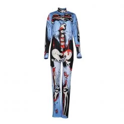 Malltop Bodysuits Blue Skeleton Bodycon Jumpsuit