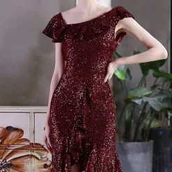 Global Lover Dresses Burgundy Sequin Fishtail Cocktail Dress