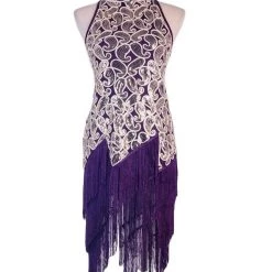 AnneCart 1920's Great Gatsby Purple High Neck Sequin Paisley Fringed 1920's Dress