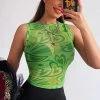 Global Lover Green Heart Mesh Sleeveless Crop Top Women's