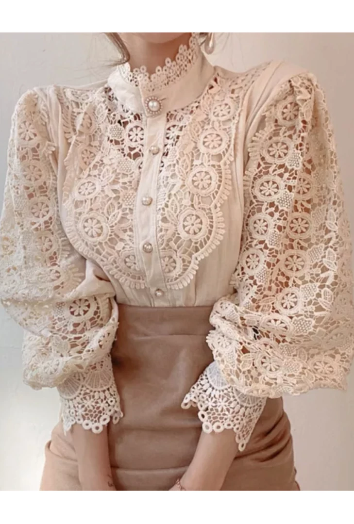 Global Lover (D) Clothing Beige Puff Sleeve Lace Blouse 3 Global Lover (D) Clothing Beige Puff Sleeve Lace Blouse