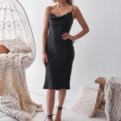 Alibaba Midnight Black Midi Slip Dress Clothing