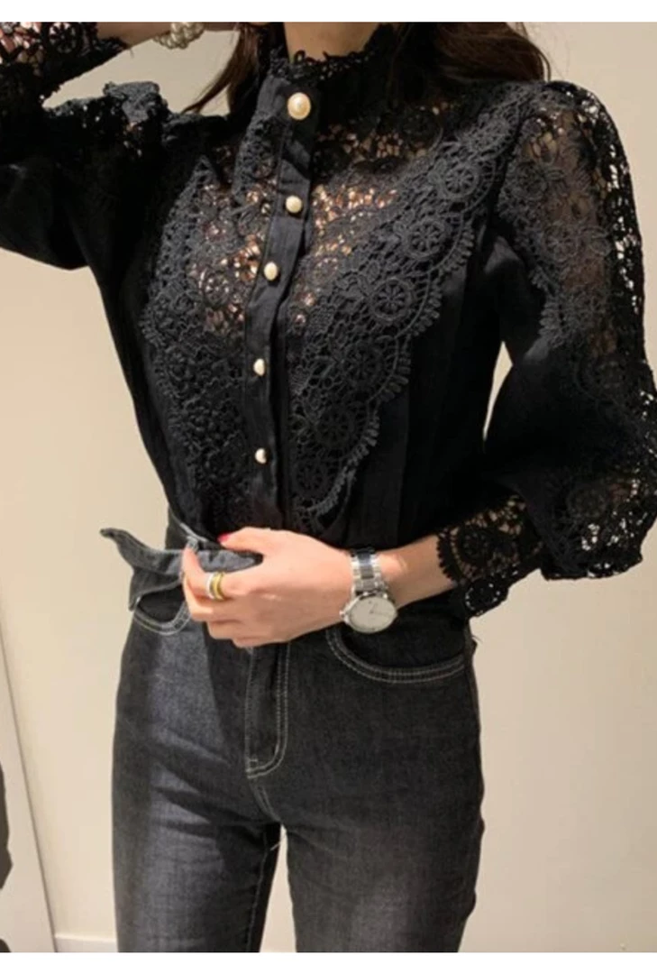 Global Lover Black Puff Sleeve Lace Blouse Clothing 3 Global Lover Black Puff Sleeve Lace Blouse Clothing