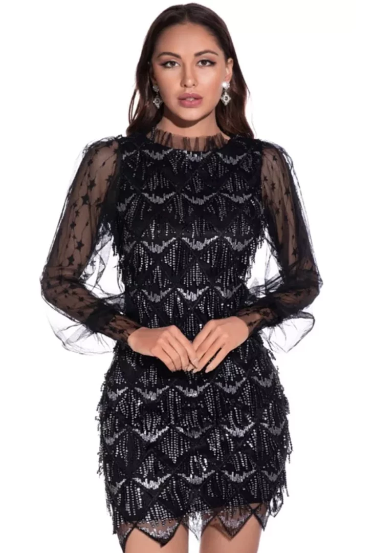 Global Lover Black Sequin Diamond Long Sleeve Dress Clothing 3 Global Lover Black Sequin Diamond Long Sleeve Dress Clothing