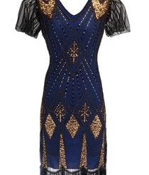 AnneCart Blue, Black And Gold Gatsby Dress With Flutter Sleeve Dresses
