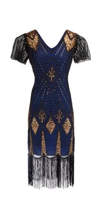 AnneCart Blue, Black And Gold Gatsby Dress With Flutter Sleeve Dresses 3 AnneCart Blue, Black And Gold Gatsby Dress With Flutter Sleeve Dresses