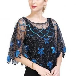 Best Dance Outerwear Great Gatsby Sequin Blue Shawl Cape