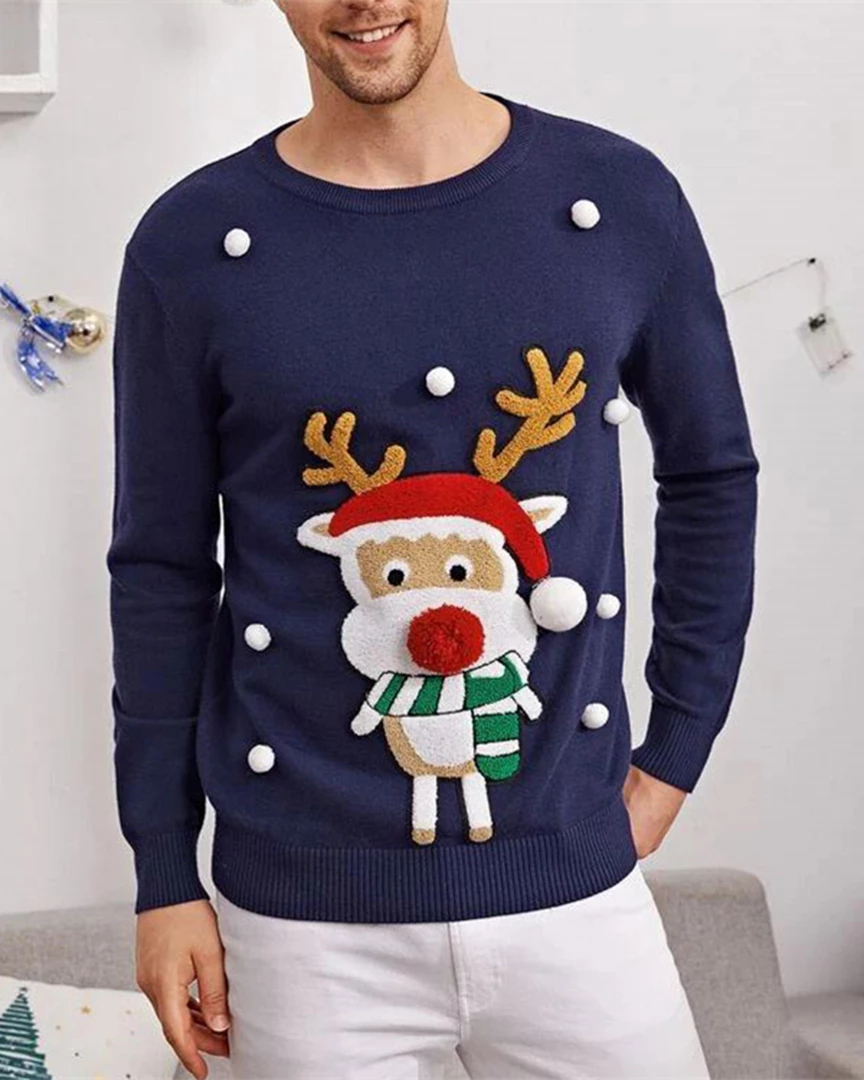 William H Outerwear Deluxe Navy Blue Rudolph Pom-Pom Sweater 3 William H Outerwear Deluxe Navy Blue Rudolph Pom-Pom Sweater