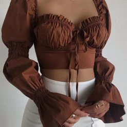 Global Lover (D) Brown Puff Sleeve Ruffle Crop Top