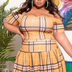 Global Lover Plaid Orange Crop Top And Skirt Set Plus Size