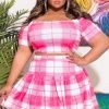 Global Lover Plaid Pink Crop Top And Skirt Set
