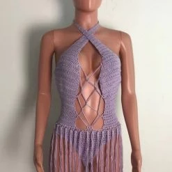Global Lover Crochet Purple Fringe Bodysuit Bodysuits