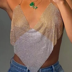 Global Lover Silver And Gold Metal Mesh Halter Top