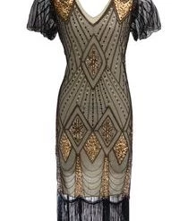 AnneCart Black, Cream And Gold Gatsby Dress With Flutter Sleeve Dresses