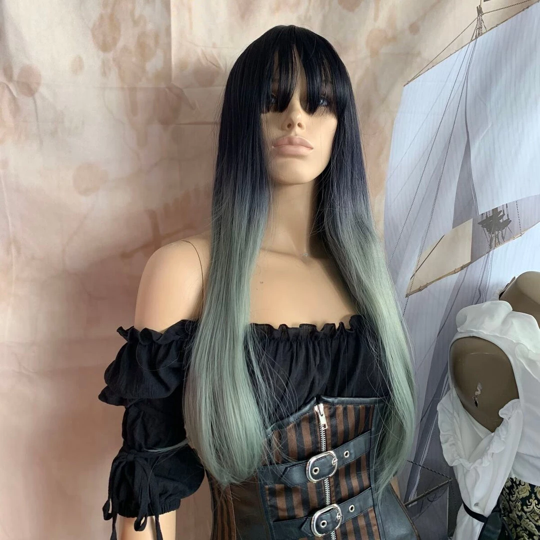 Bell's Wigs Deluxe Straight Ombre Black To Sage Silver Wig 7 Bell's Wigs Deluxe Straight Ombre Black To Sage Silver Wig